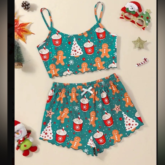 Women’s Gingerbread Man Two Piece Pajama Set Holiday Festive Christmas - Picture 1 of 5